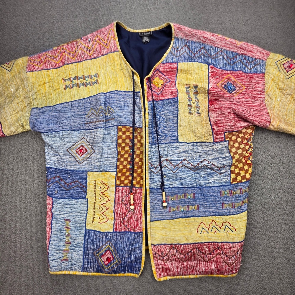 J.R. Resort Silk Patchwork Quilted Jacket Women Multicolor Boho Art to Wear 1X - Picture 2 of 12